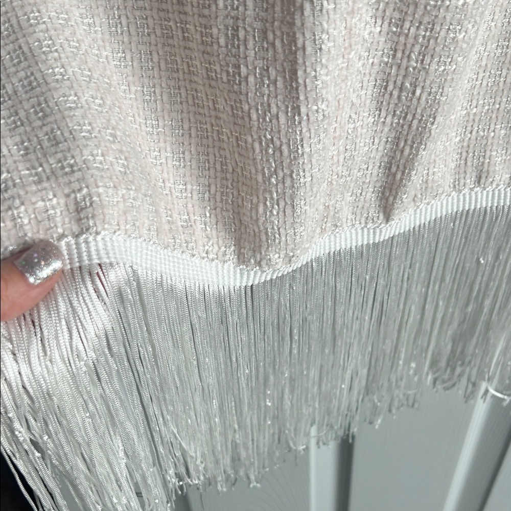Elegant Cream Short Sleeve Dress with Fringe Hem - Picture 13 of 16
